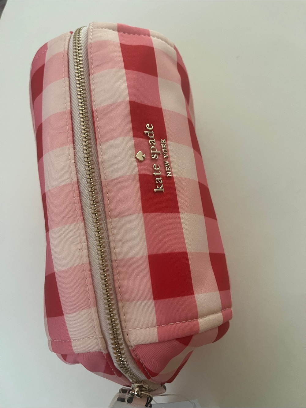 kate spade Pink and White Gingham Makeup Pouch with Gold Logo - Picture 4 of 6